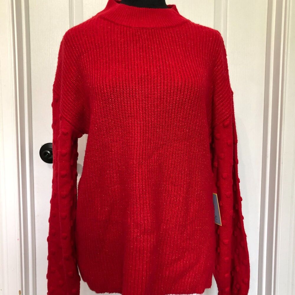 CeCe Luminous Red Mock Neck Bobble Sleeve Metallic Knit Sweater 7069229 Large